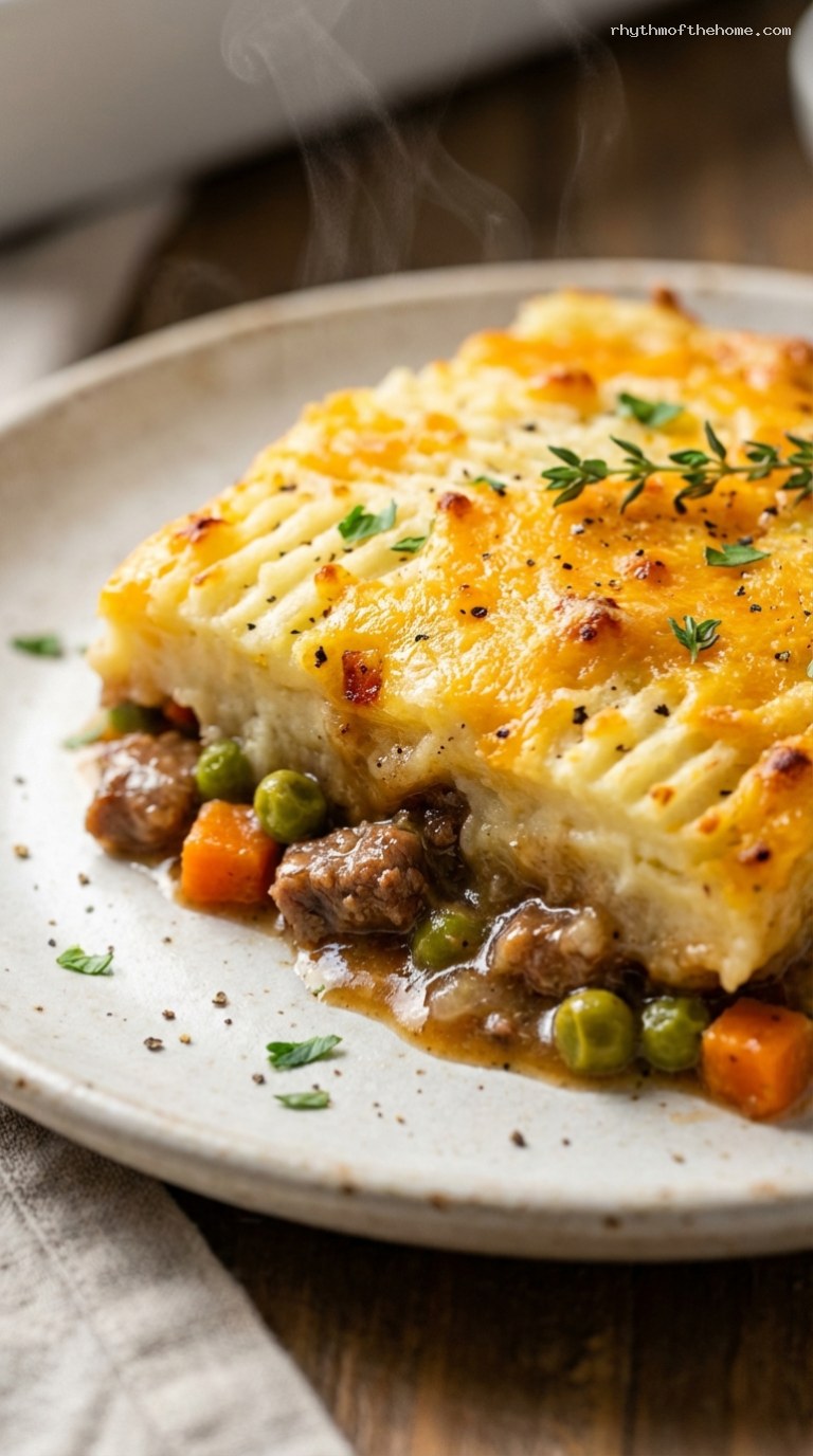 Cheddar-Crusted Shepherd’s Pie With Crispy Potato Topping – Closeup