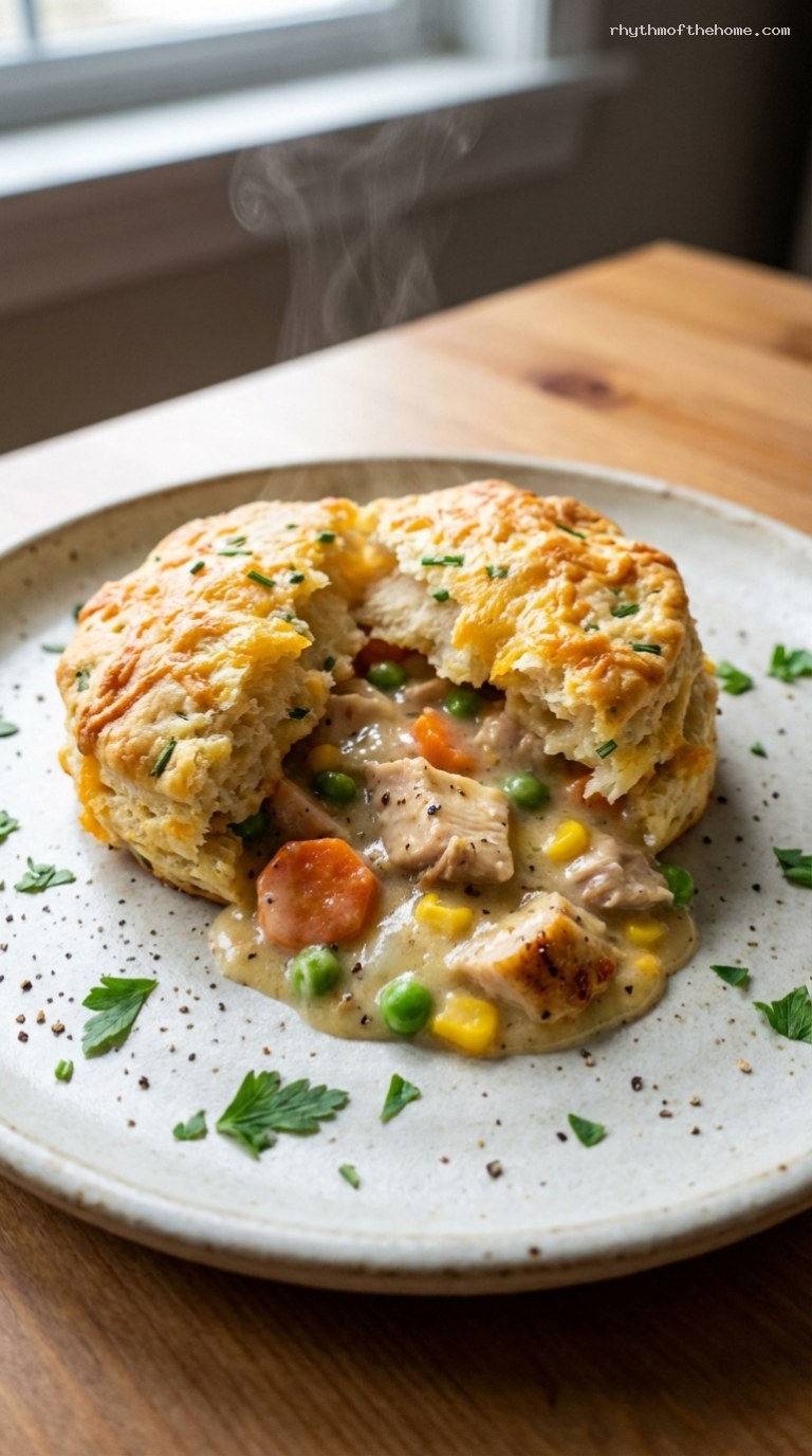 Cheddar Herb Biscuit-Topped Creamy Chicken Pot Pie – Closeup