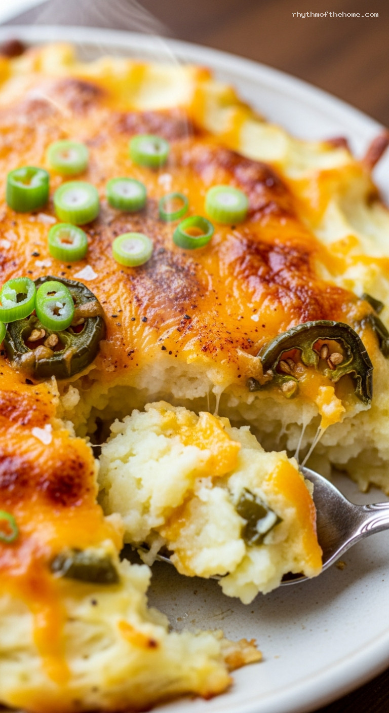 Cheddar-Jalapeño Mashed Potato Bake – Closeup