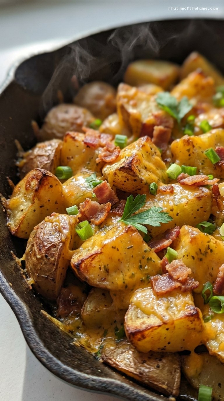 Cheddar Ranch Potato Skillet with Bacon and Scallions – Closeup