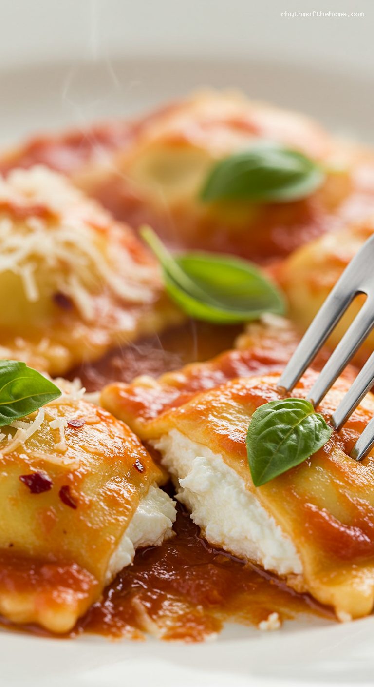 Cheese Ravioli with Garlicky Marinara and Basil – Closeup