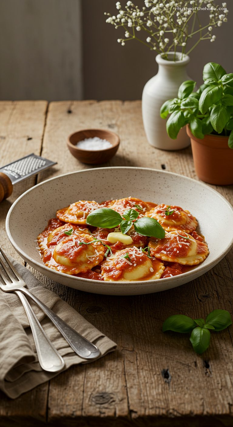 Cheese Ravioli with Garlicky Marinara and Basil