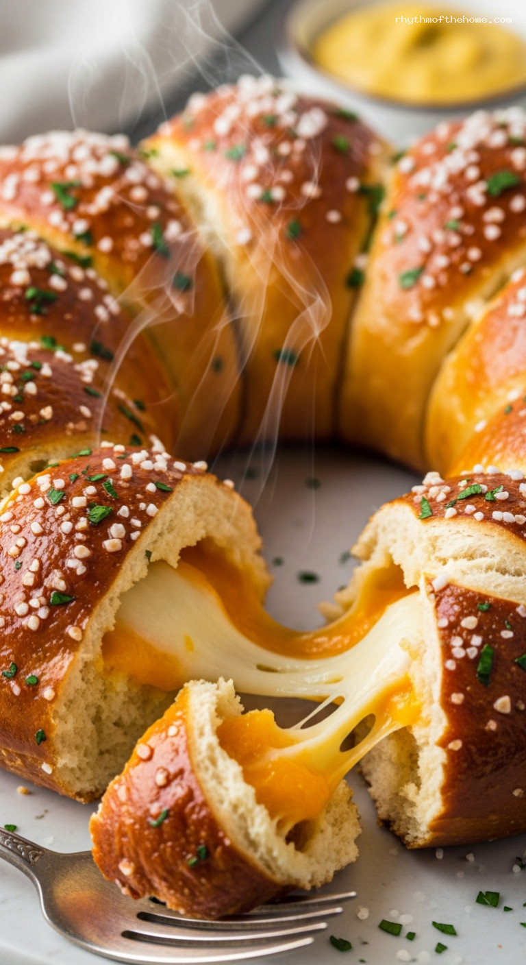 Cheese-Stuffed Pull-Apart Pretzel Ring – Closeup