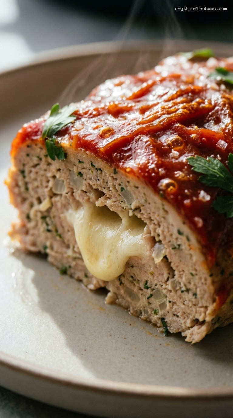 Cheese-Stuffed Turkey Meatloaf with Tangy Tomato Glaze – Closeup