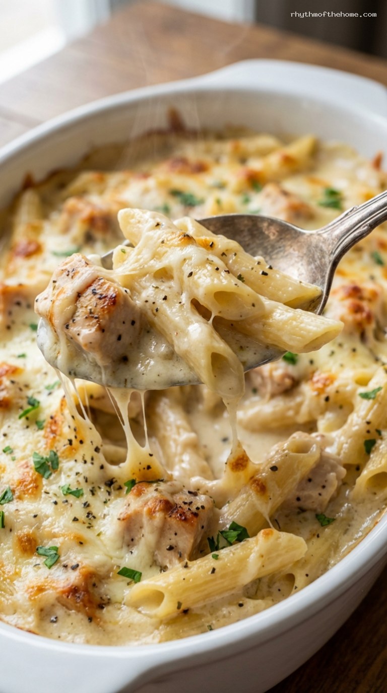 Cheesy Baked Chicken Alfredo Pasta Casserole – Closeup