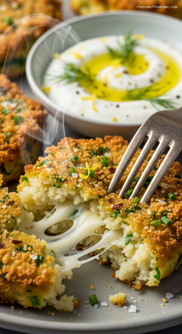 Cheesy Cauliflower Fritters with Lemon-Herb Yogurt Dip – Closeup