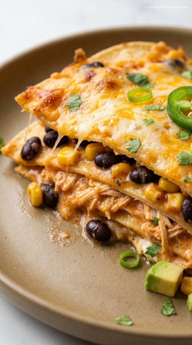 Cheesy Chicken Tortilla Casserole with Beans and Salsa – Closeup