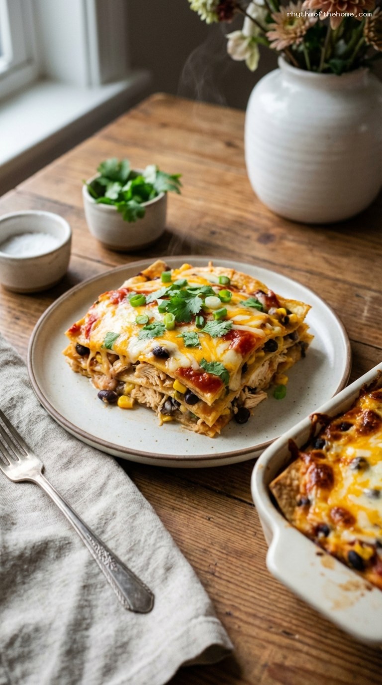Cheesy Chicken Tortilla Casserole with Beans and Salsa