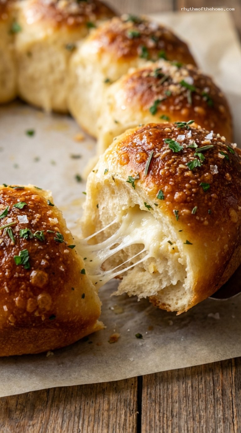 Cheesy Garlic Herb Pull-Apart Dinner Roll Wreath – Closeup