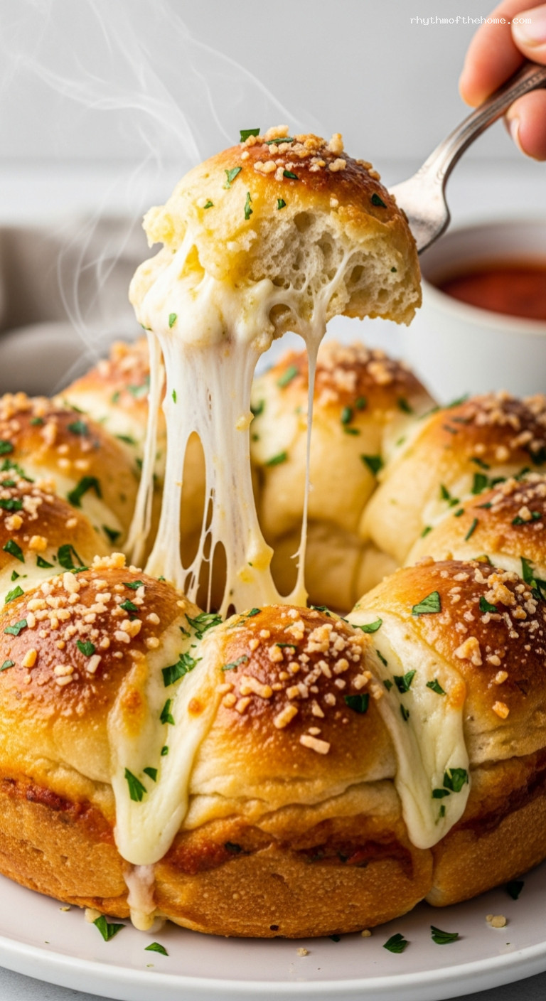 Cheesy Garlic Pull-Apart Bread with Mozzarella and Parmesan – Closeup