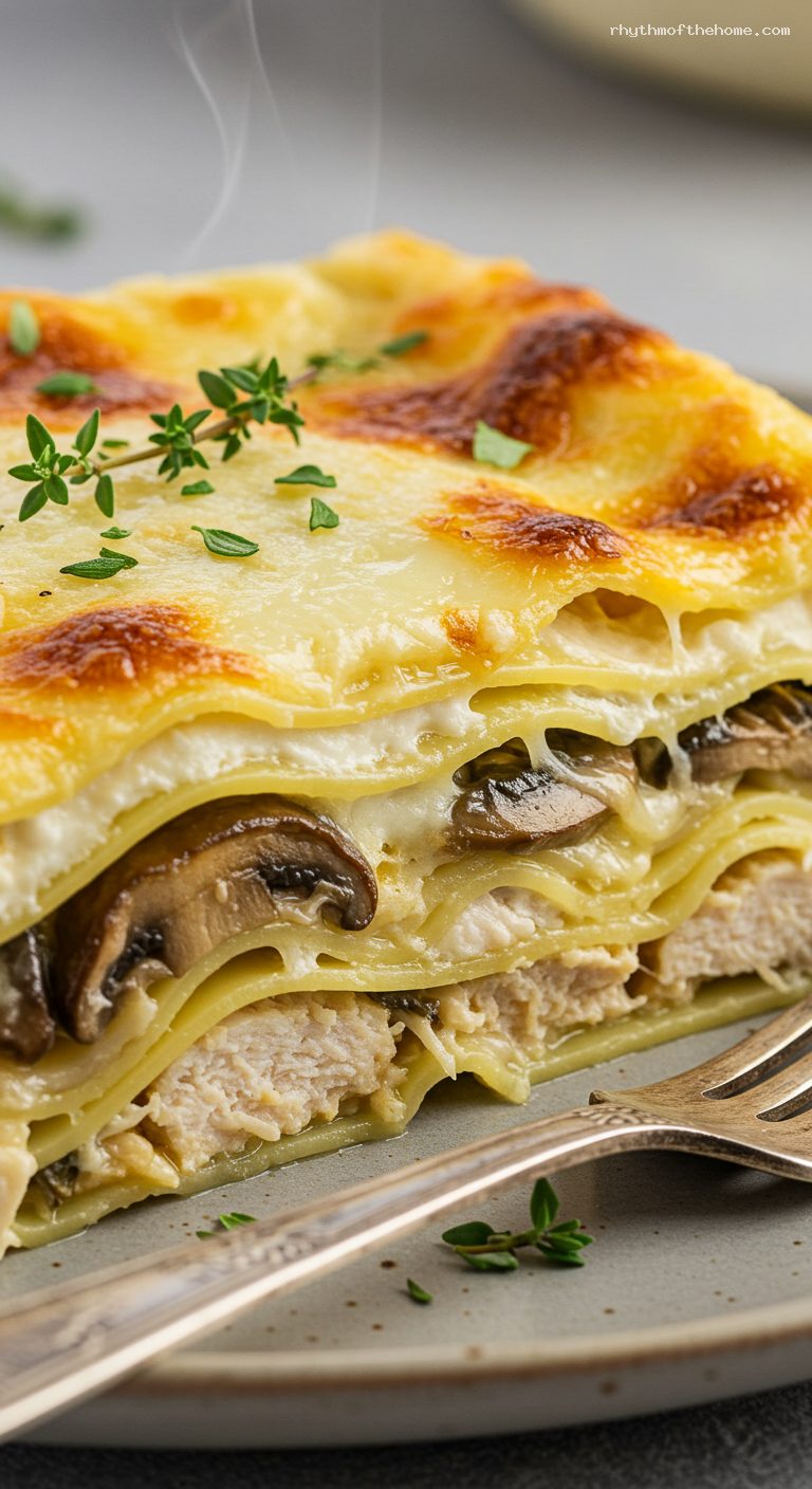 Chicken and Mushroom Lasagna Bianca – Closeup