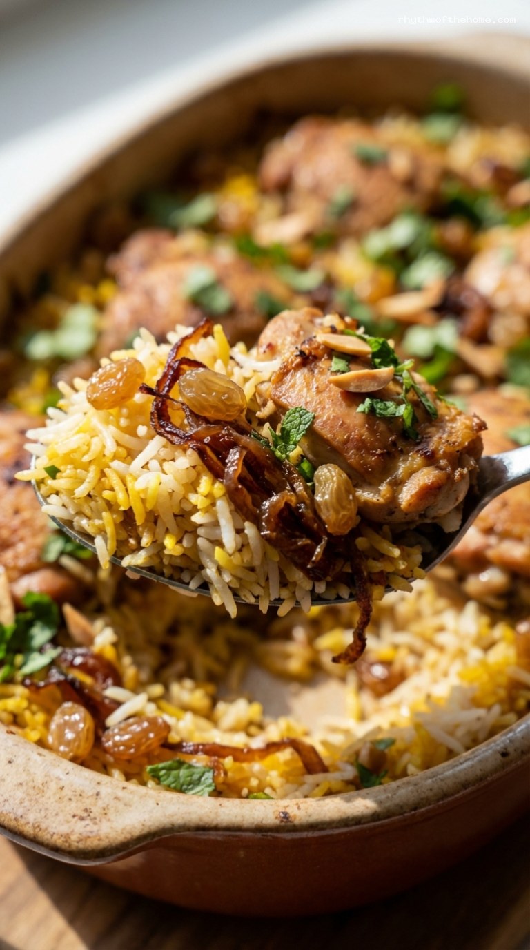 Chicken Biryani-Inspired Baked Rice With Caramelized Onions – Closeup
