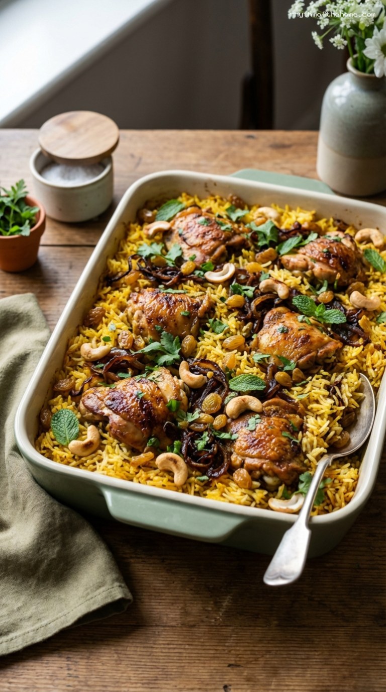 Chicken Biryani-Inspired Baked Rice With Caramelized Onions