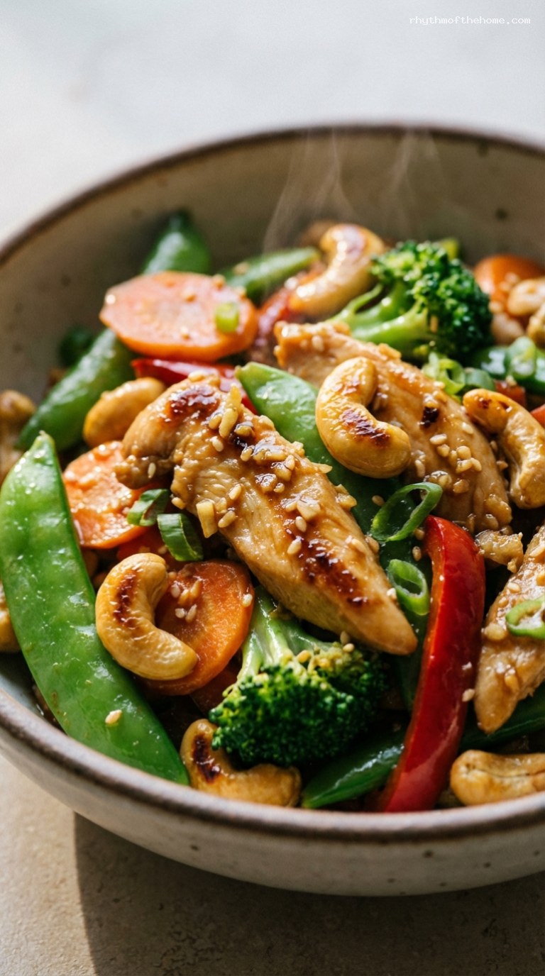 Chicken Cashew Stir-Fry in Savory Soy Ginger Sauce – Closeup