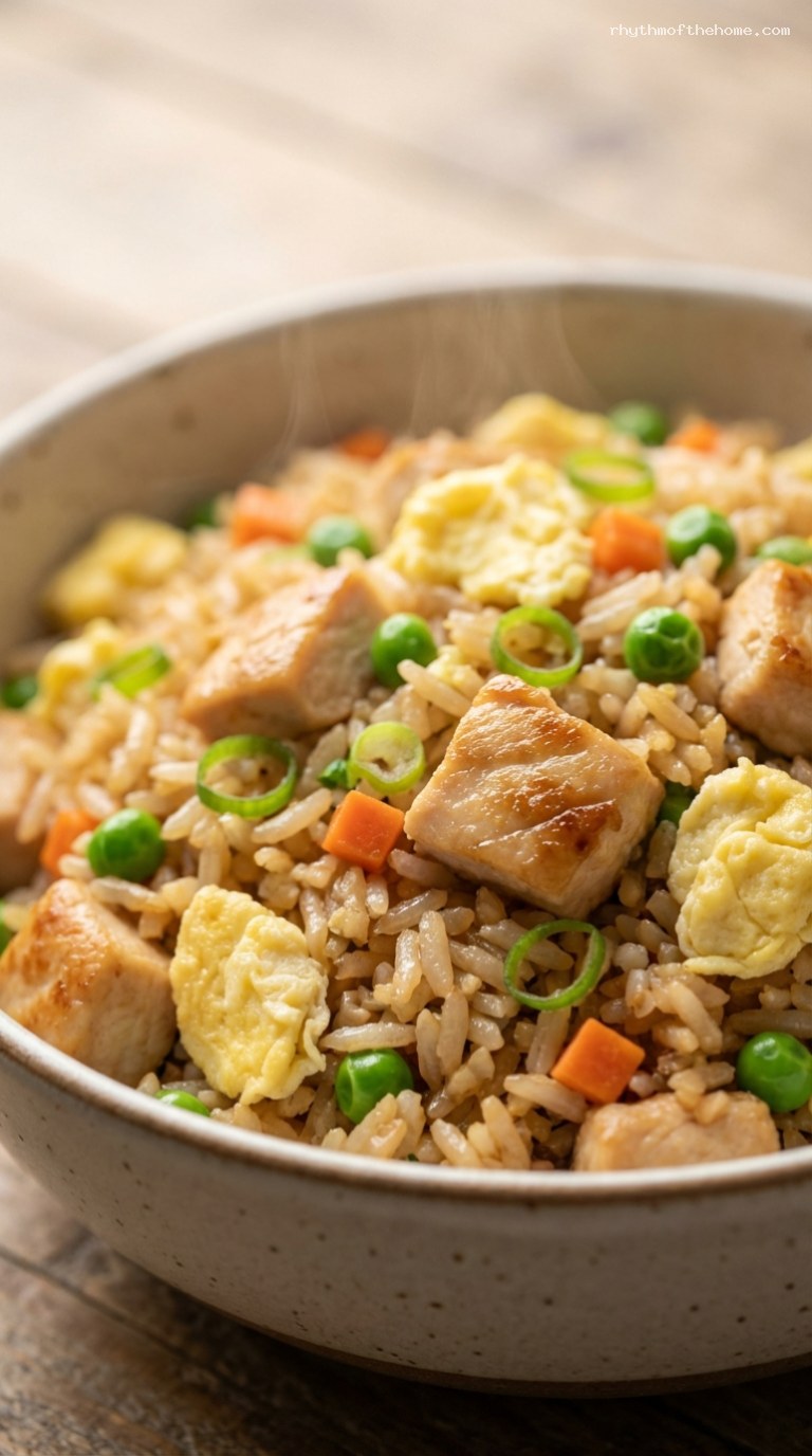 Chicken Fried Rice With Peas, Carrots, and Egg – Closeup