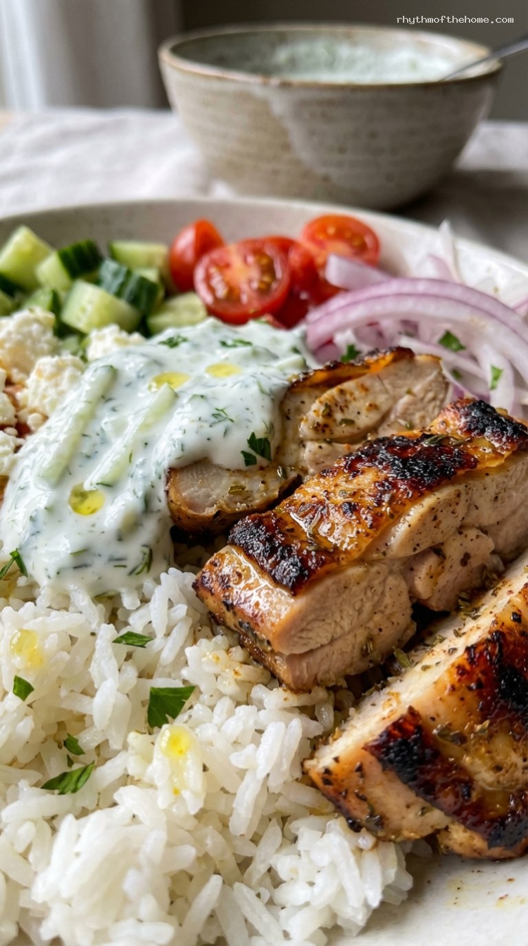 Chicken Gyro Bowls with Rice and Tzatziki – Closeup