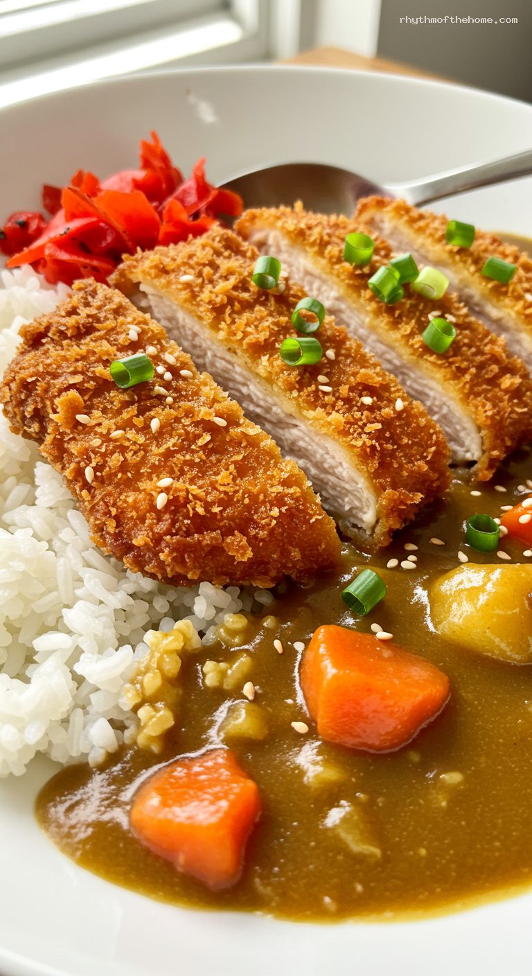 Chicken Katsu Curry with Rice and Fukujinzuke – Closeup