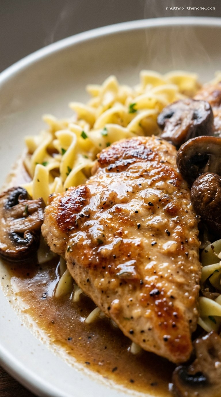 Chicken Marsala with Mushrooms over Buttered Noodles – Closeup