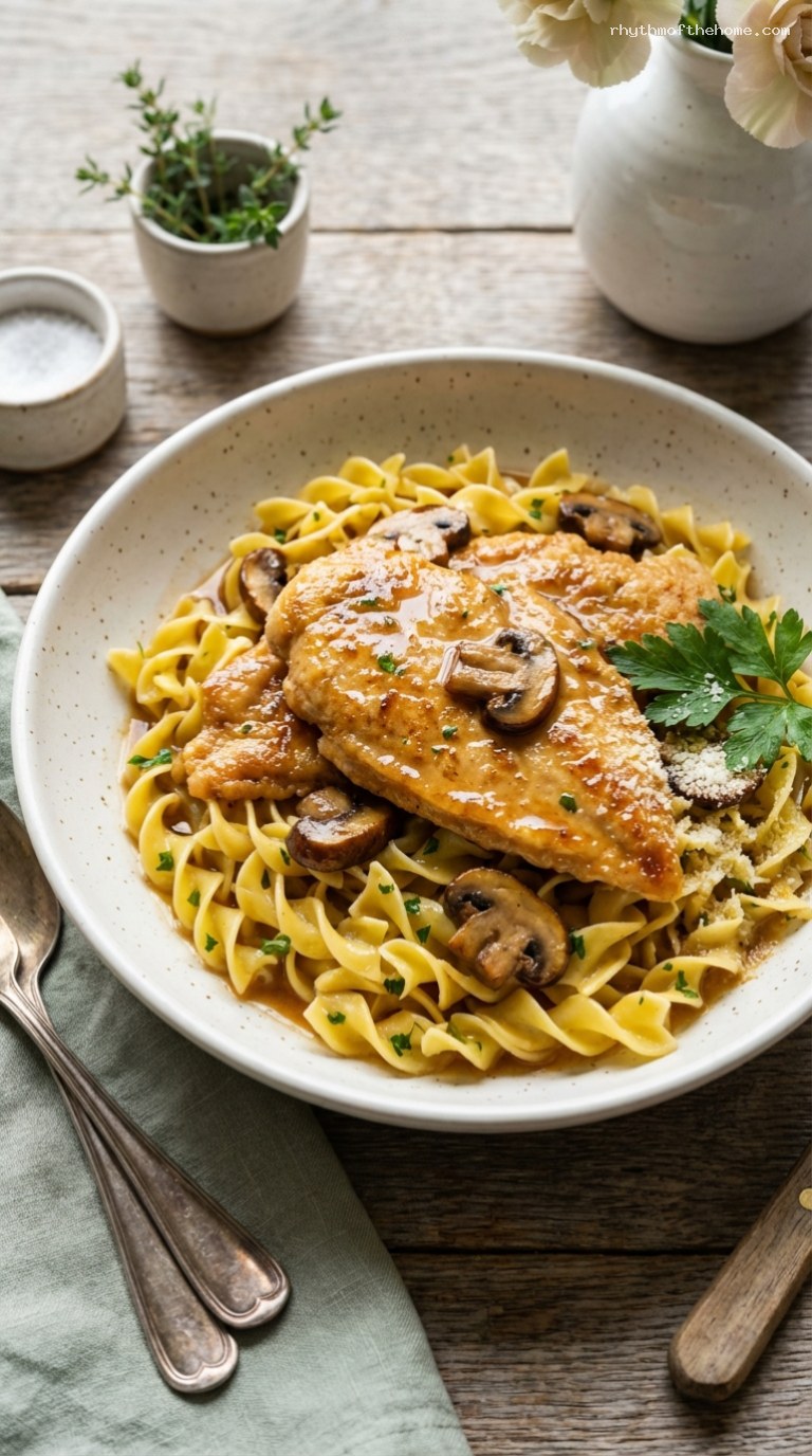 Chicken Marsala with Mushrooms over Buttered Noodles