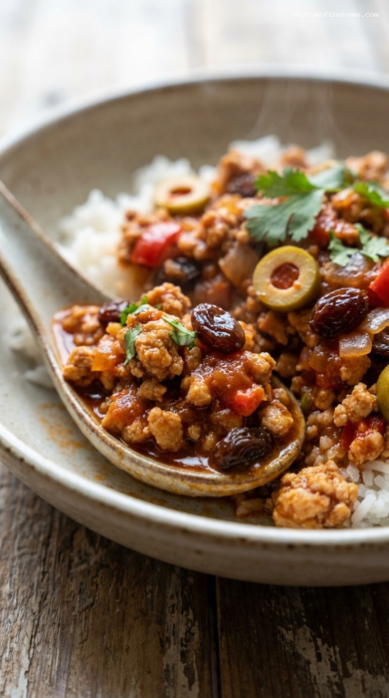Chicken Picadillo with Tomatoes, Raisins, and Olives – Closeup