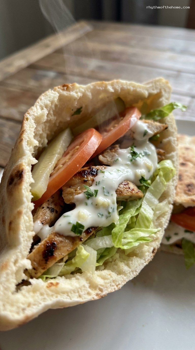 Chicken Shawarma Pita Pockets with Creamy Garlic Sauce – Closeup