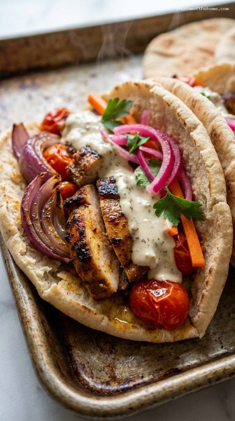 Chicken Shawarma Tray Bake with Tahini and Pita – Closeup