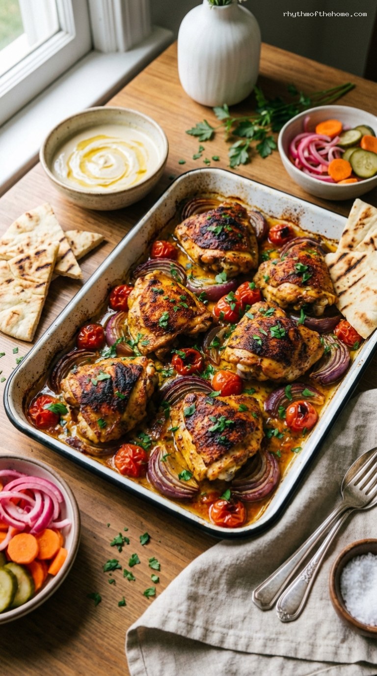 Chicken Shawarma Tray Bake with Tahini and Pita