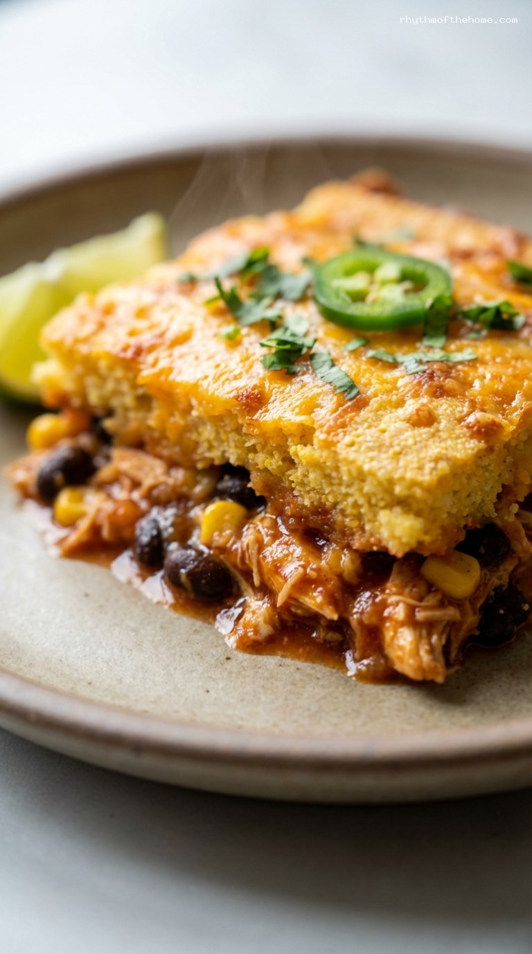 Chicken Tamale Pie with Cornmeal Topping – Closeup