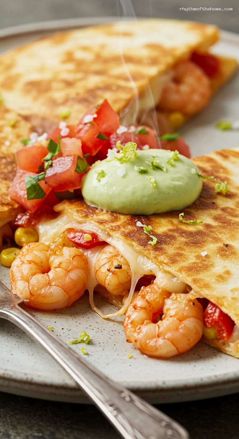 Chili-Lime Shrimp Quesadillas with Avocado Crema – Closeup