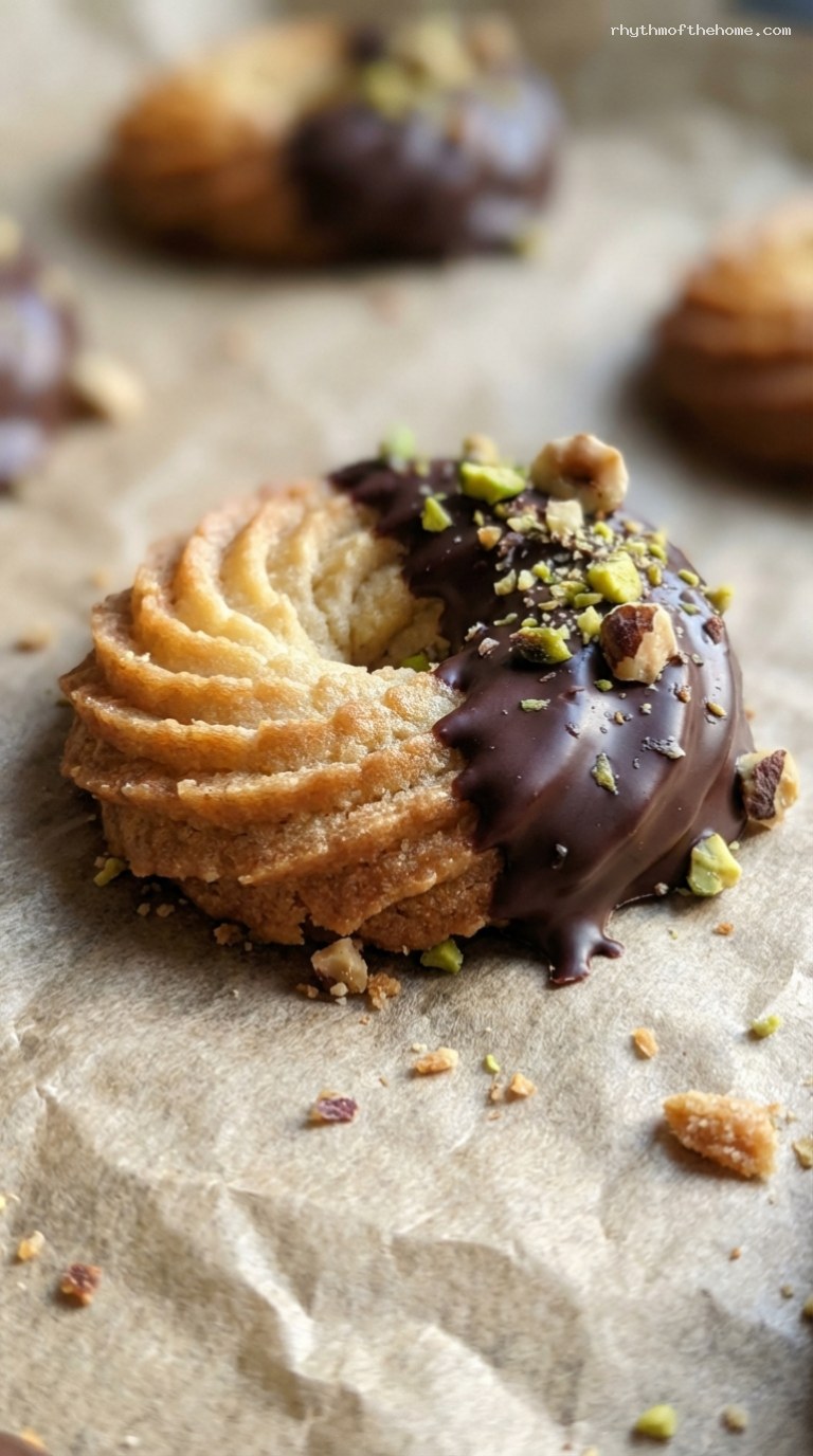 Chocolate-Dipped Butter Cookies with Crushed Nuts – Closeup