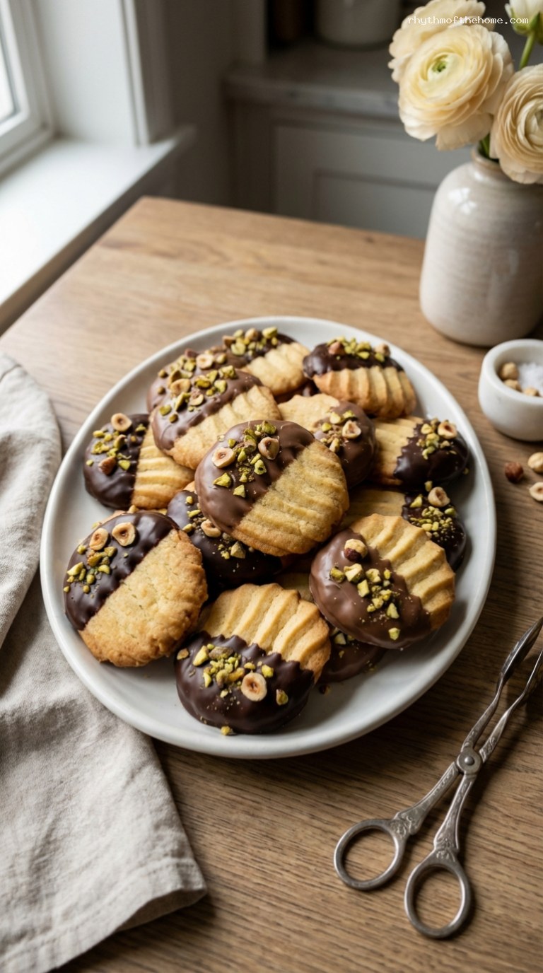 Chocolate-Dipped Butter Cookies with Crushed Nuts