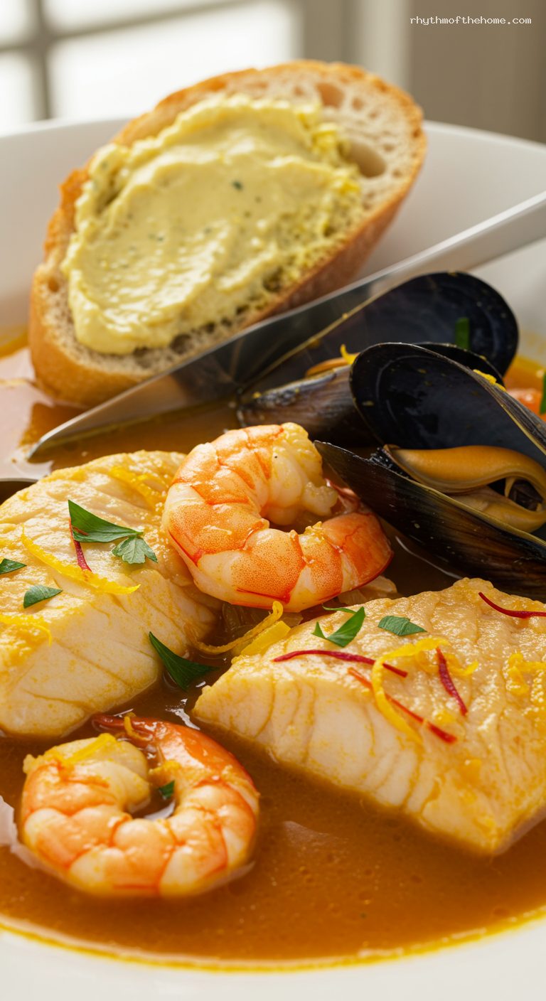 Classic Bouillabaisse with Rouille Toasts – Closeup