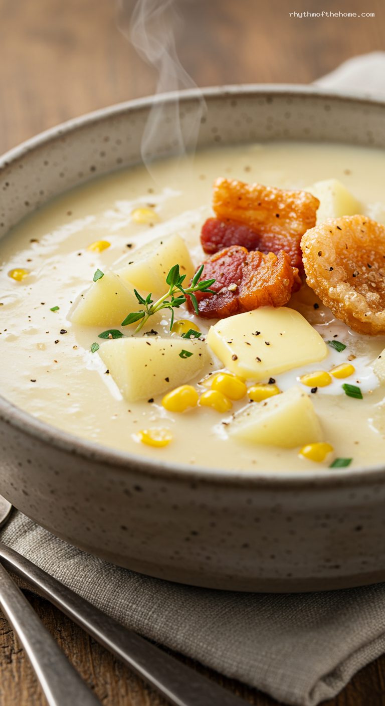 Classic Corn Chowder with Salt Pork and Thyme – Closeup