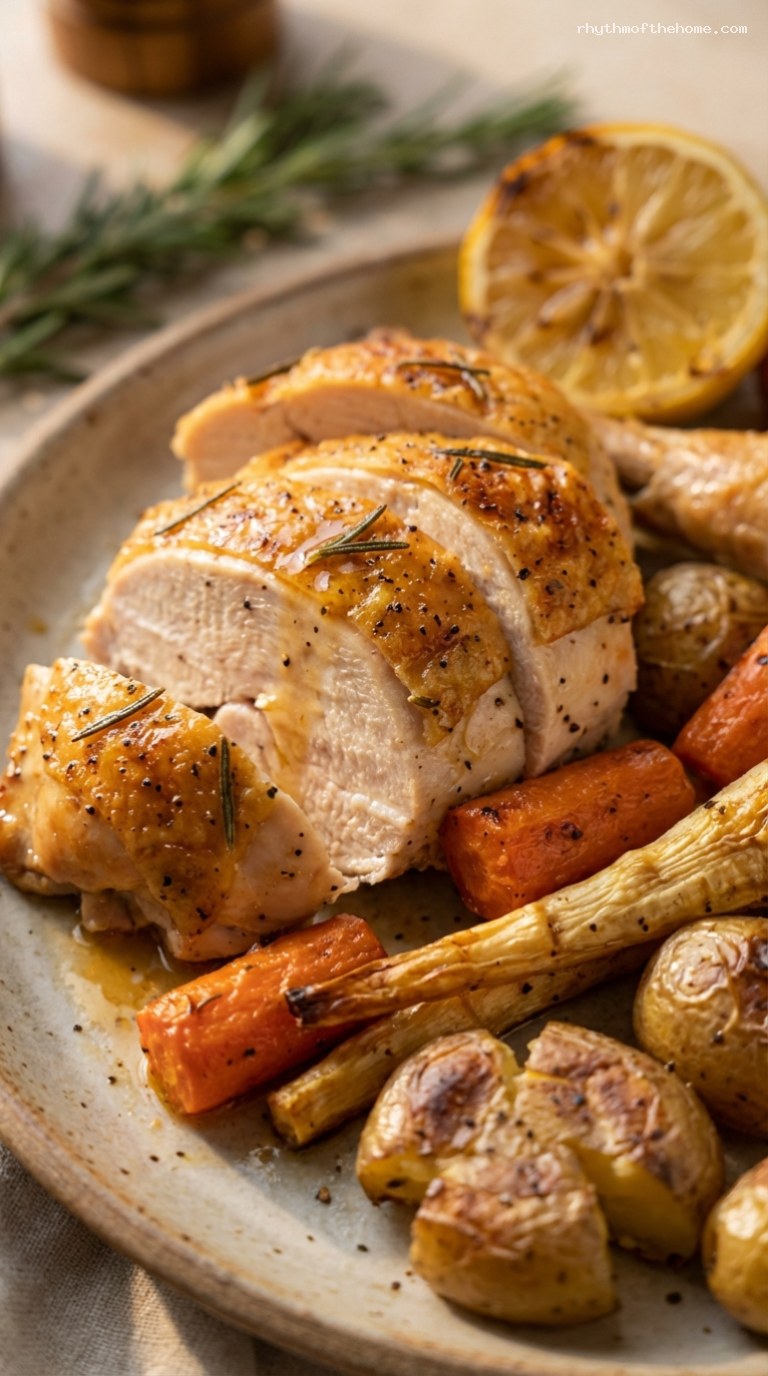 Classic Lemon Rosemary Roast Chicken With Root Vegetables – Closeup