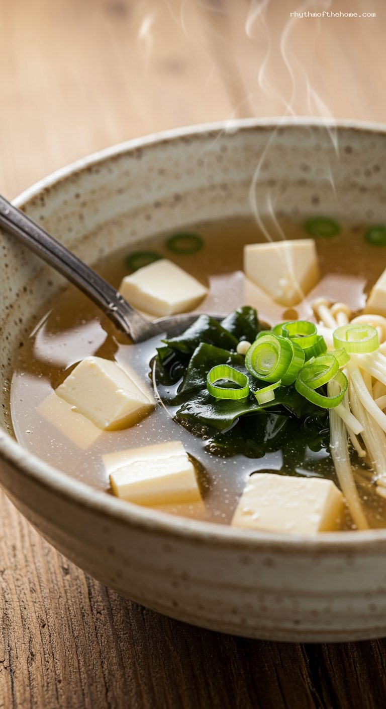 Classic Miso Soup with Tofu, Wakame, and Scallions – Closeup