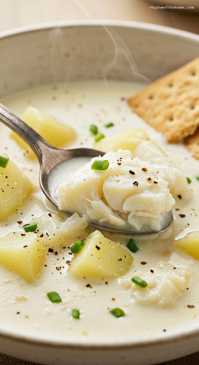 Classic New England Fish Chowder with Haddock or Cod – Closeup