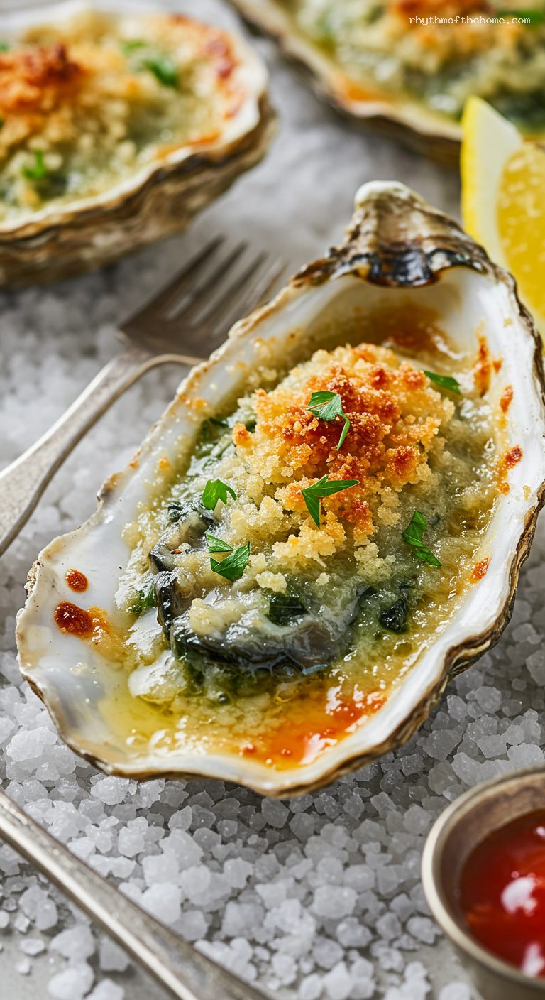 Classic Oysters Rockefeller with Spinach-Herb Crumbs – Closeup