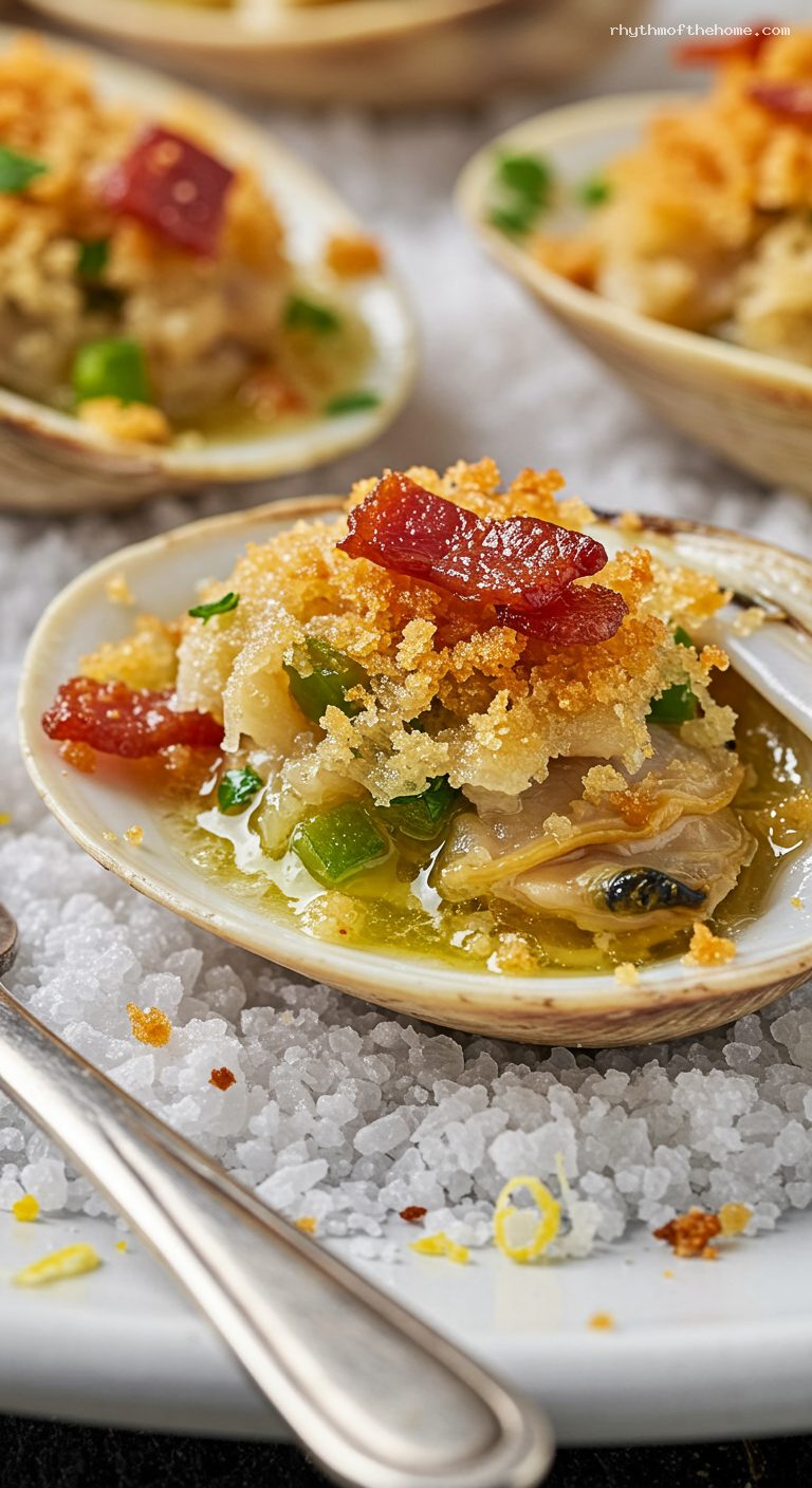 Classic Rhode Island Clams Casino with Bacon – Closeup