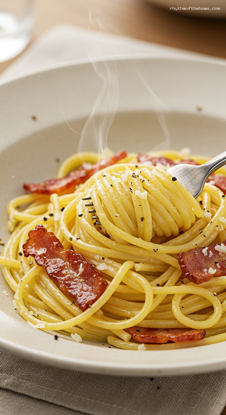 Classic Spaghetti Carbonara with Guanciale and Pecorino – Closeup