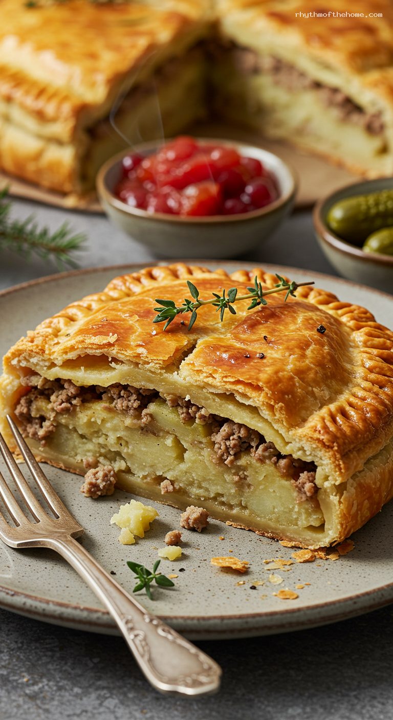 Classic Tourtière: Spiced Meat Pie with Flaky Crust – Closeup