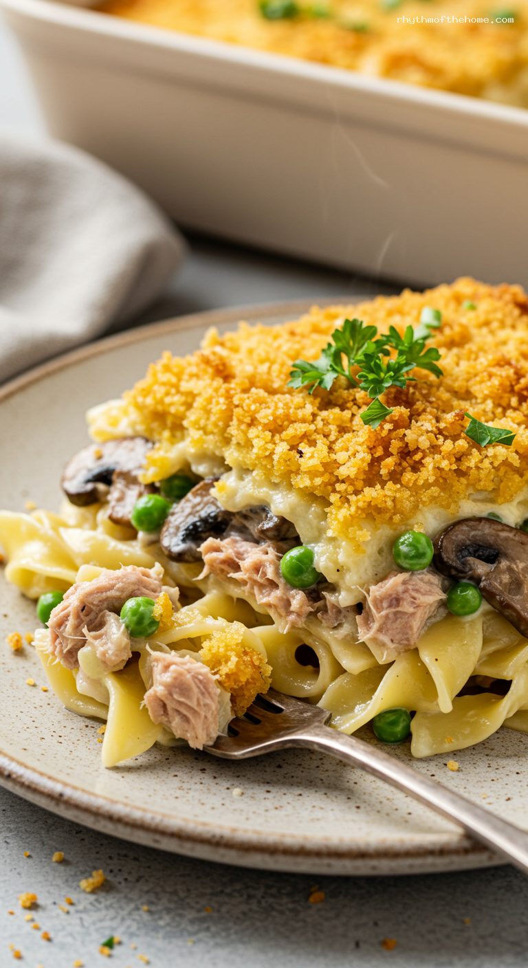 Classic Tuna Noodle Casserole with Crunchy Topping – Closeup
