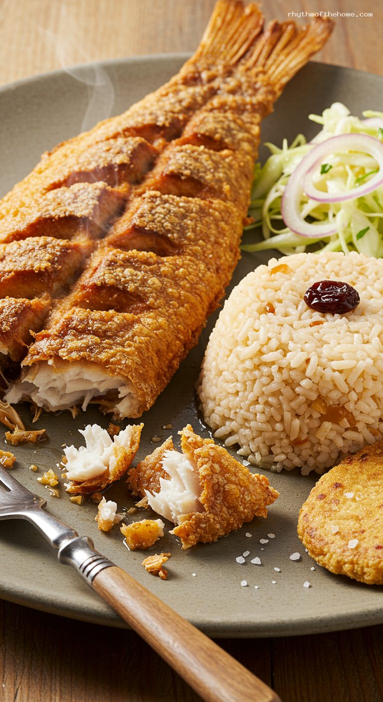 Coastal Pescado Frito with Coconut Rice and Slaw – Closeup