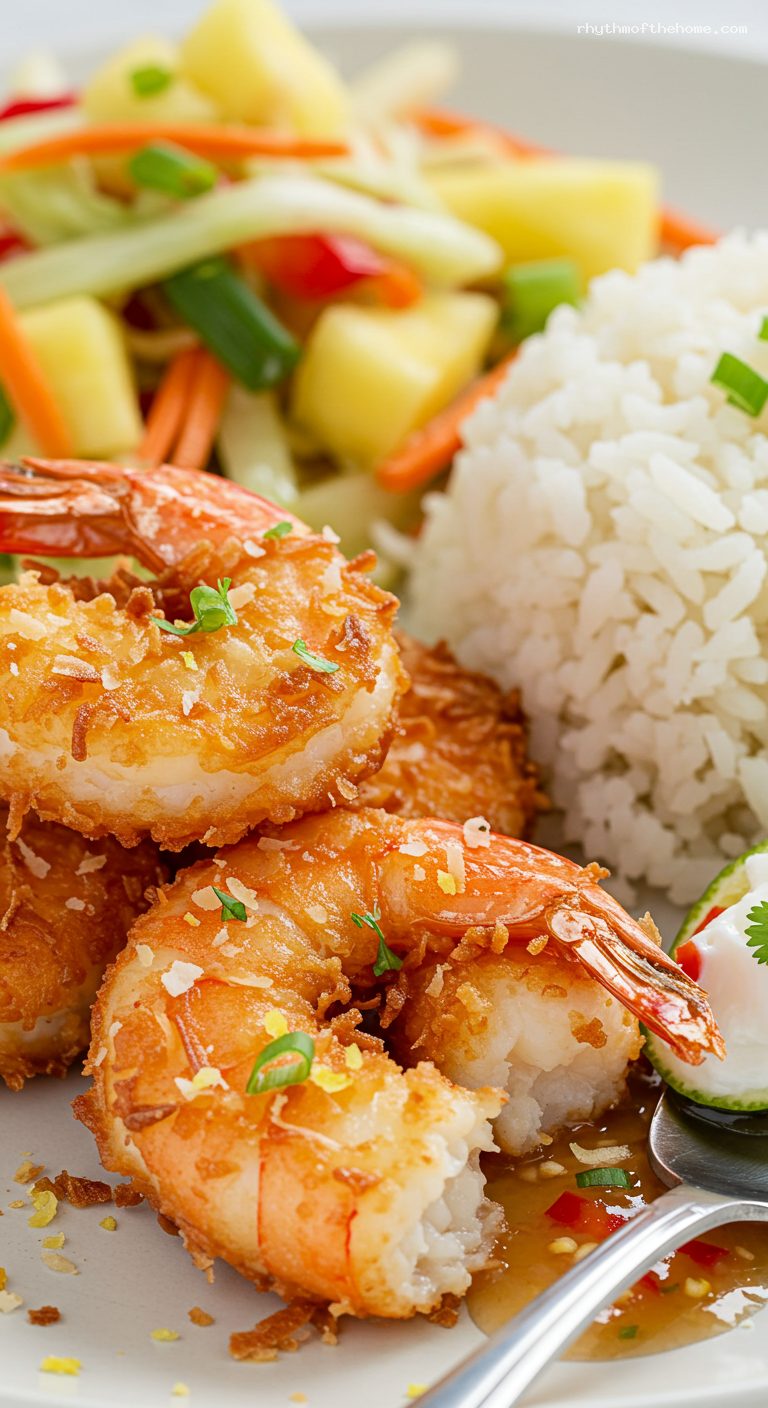 Coconut Shrimp with Jasmine Rice and Pineapple Slaw – Closeup