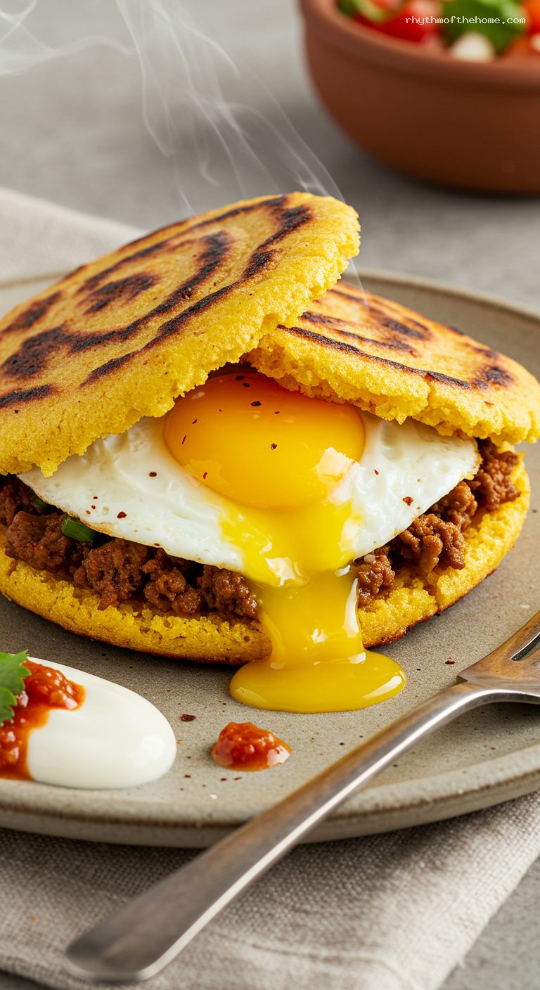 Colombian Arepa de Huevo with Runny Egg Center – Closeup