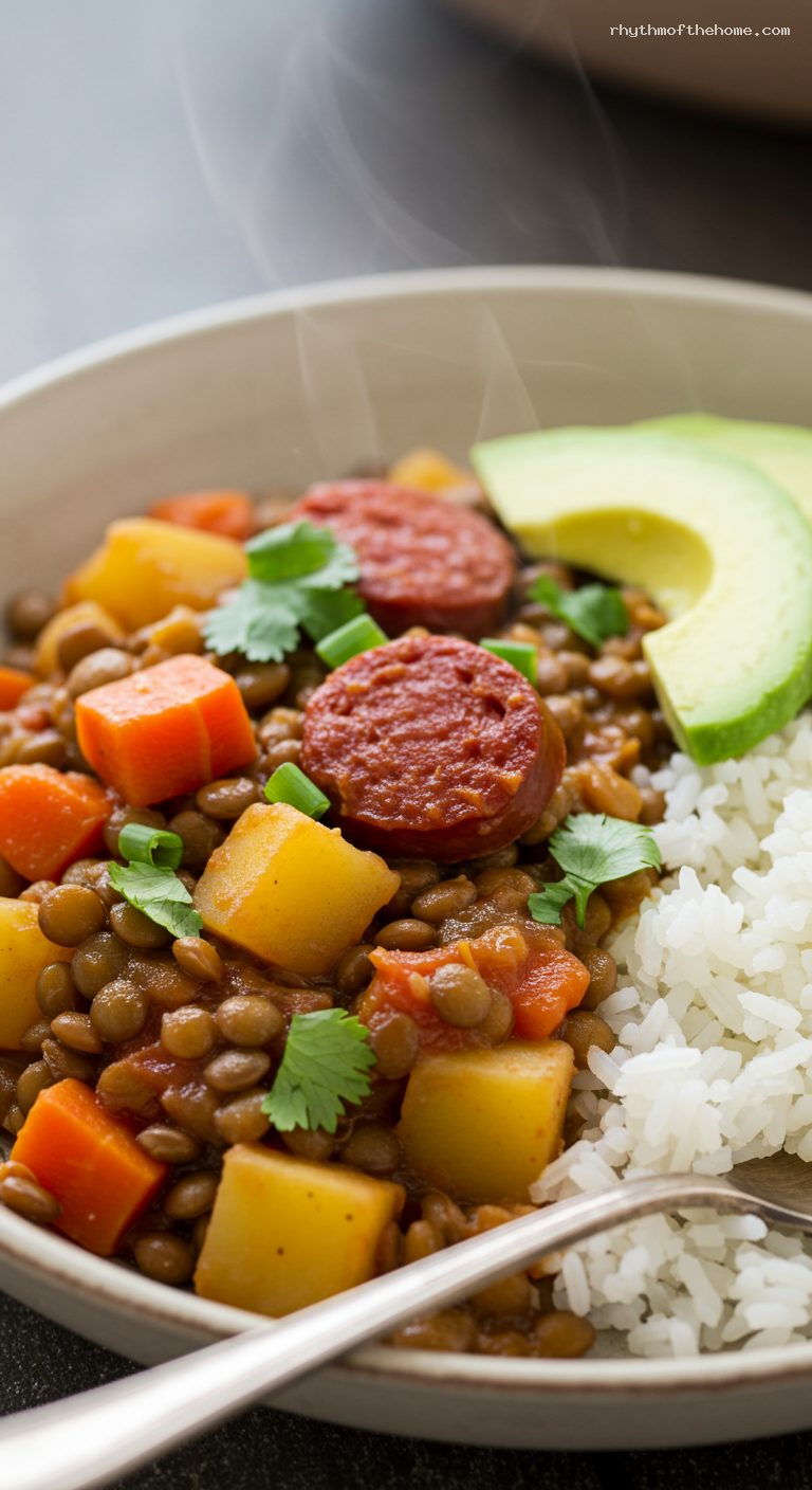 Colombian Lentejas with Hogao over Rice – Closeup