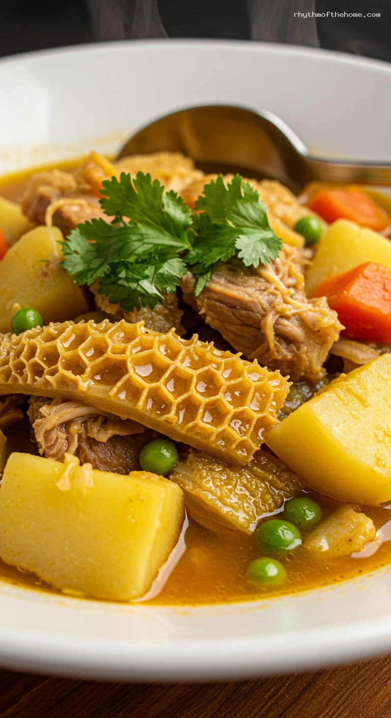Colombian Mondongo Antioqueño Tripe Stew with Achiote – Closeup