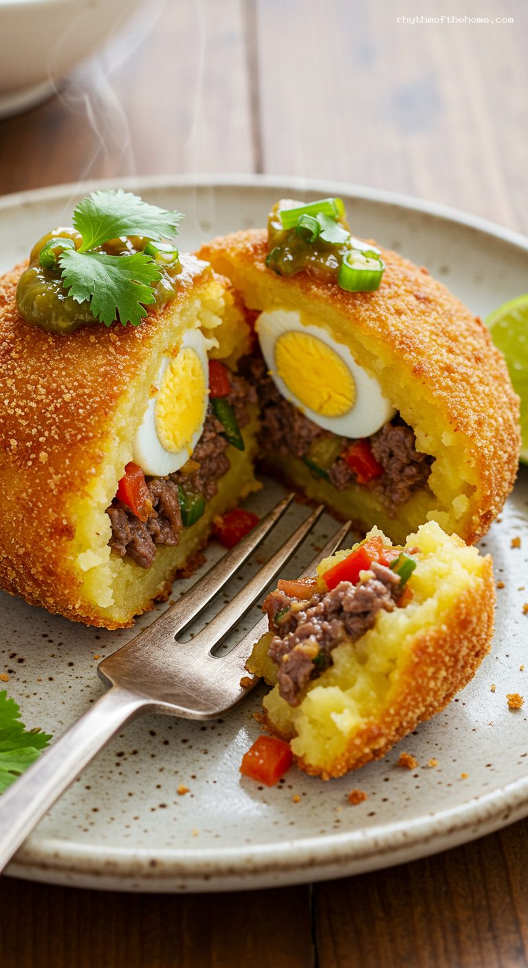 Colombian Papa Rellena with Spiced Beef and Ají – Closeup
