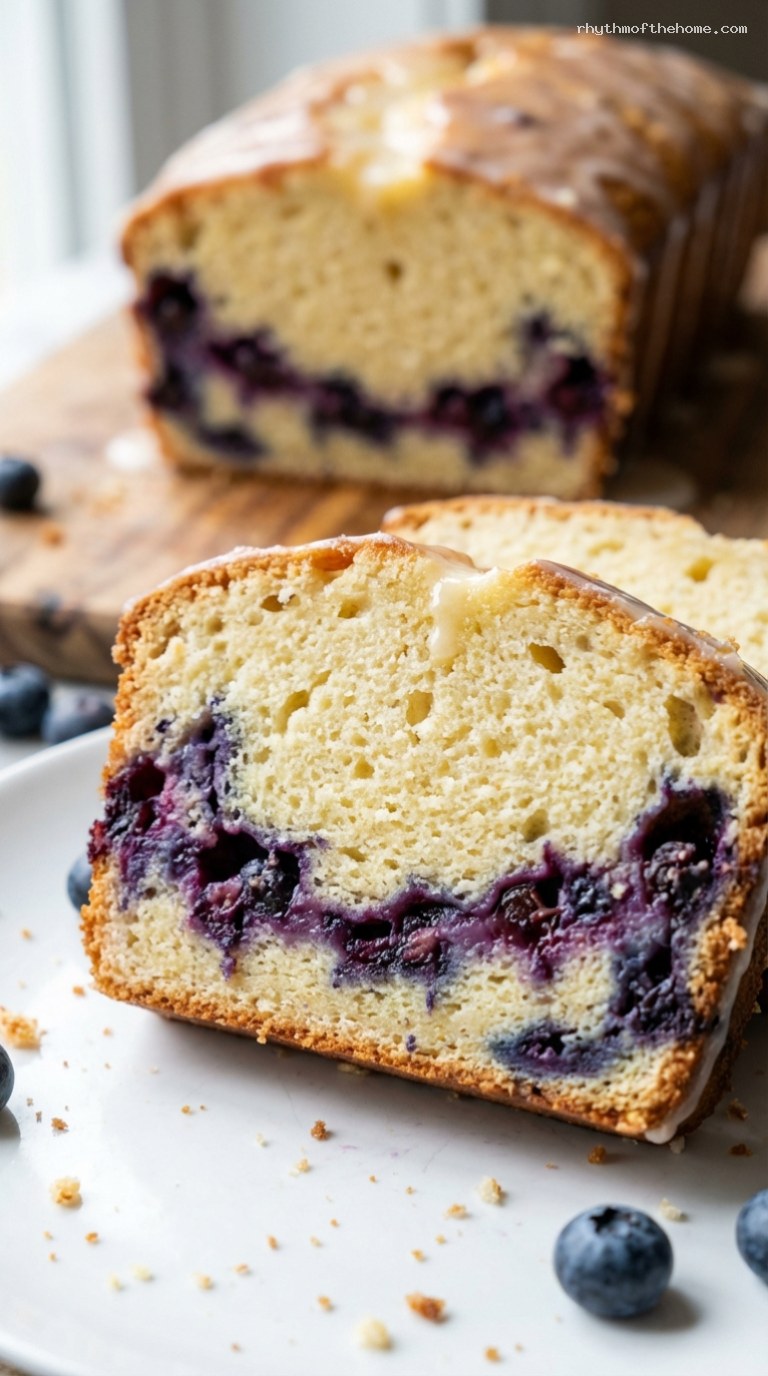 Cozy Cream Cheese Blueberry Swirl Loaf Cake – Closeup