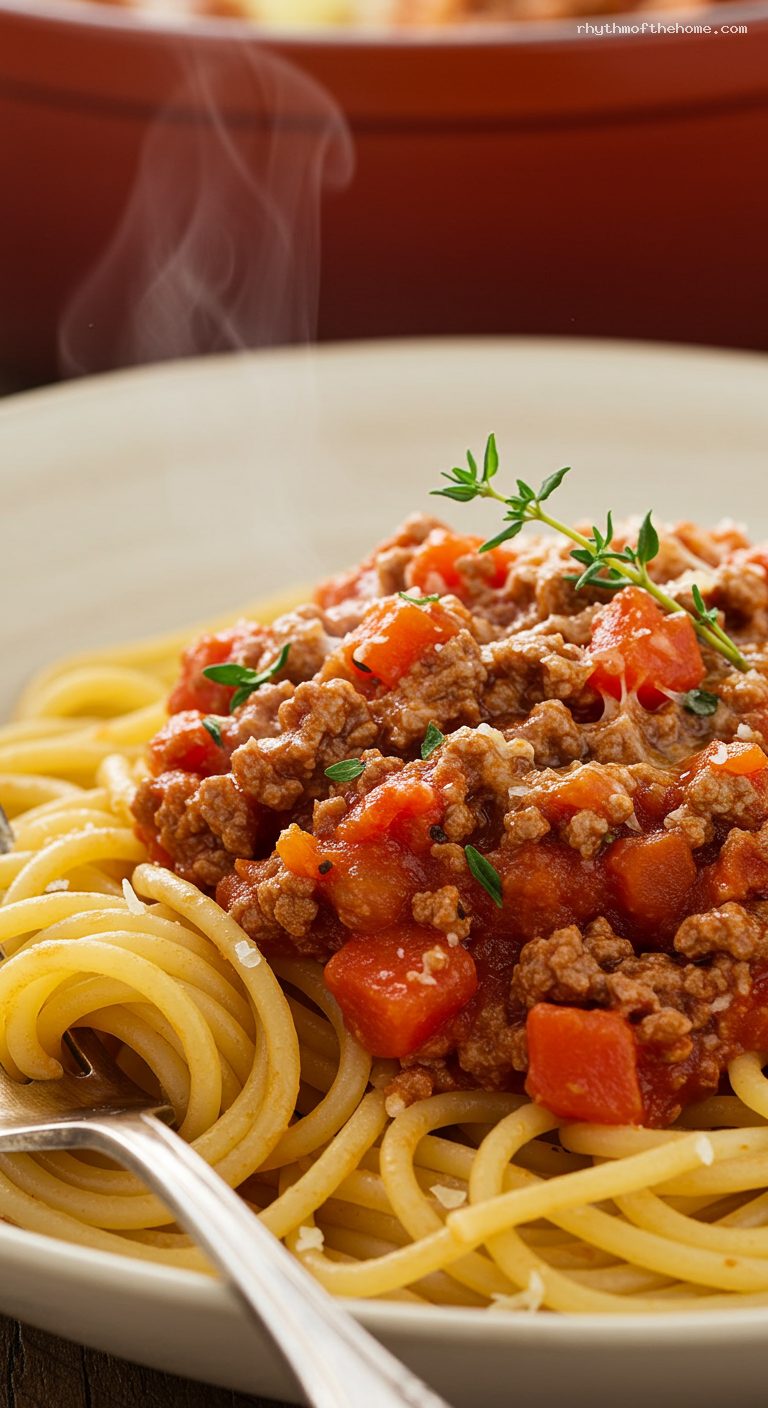 Cozy Slow-Simmered Spaghetti Bolognese – Closeup