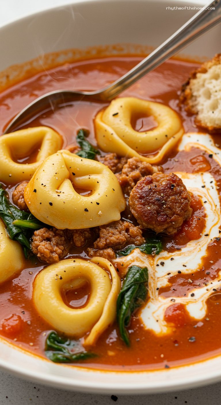 Cozy Tortellini and Sausage Soup with Spinach – Closeup
